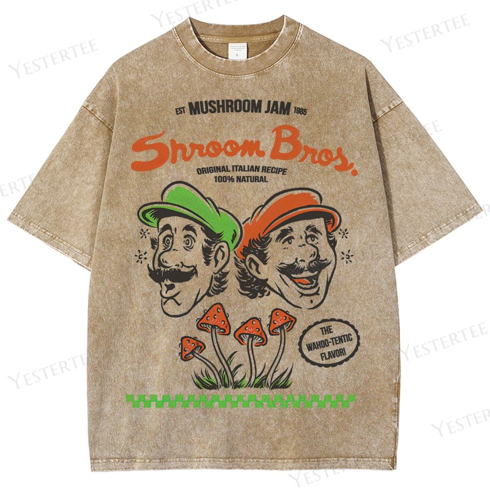 Retro "Sroom Bros. Mushroom Jam" Graphic Washed T-Shirt 