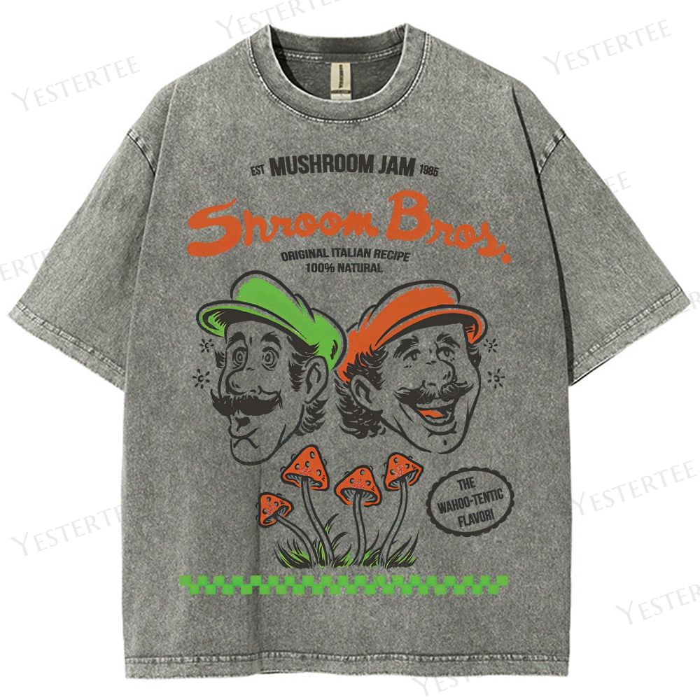 Retro "Sroom Bros. Mushroom Jam" Graphic Washed T-Shirt 
