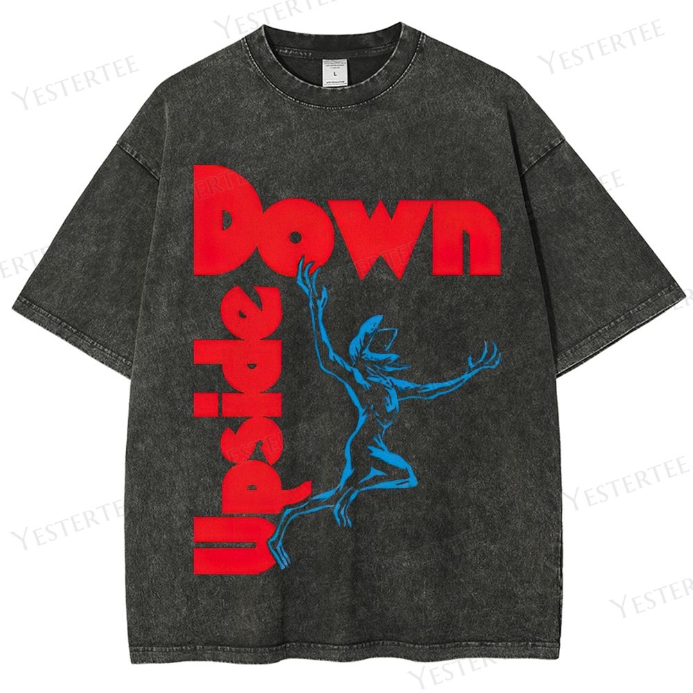 Retro "Upside Down" Reversed Text & Creature Graphic Washed T-Shirt