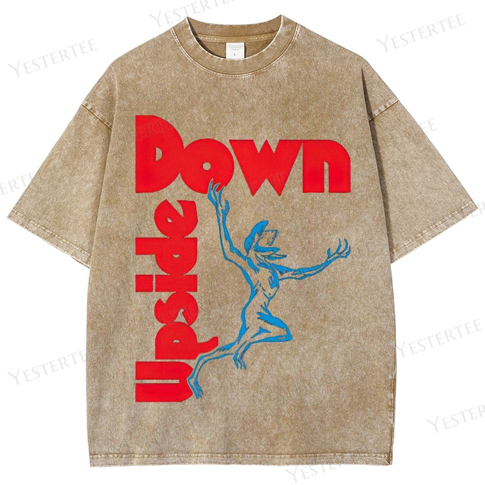 Retro "Upside Down" Reversed Text & Creature Graphic Washed T-Shirt