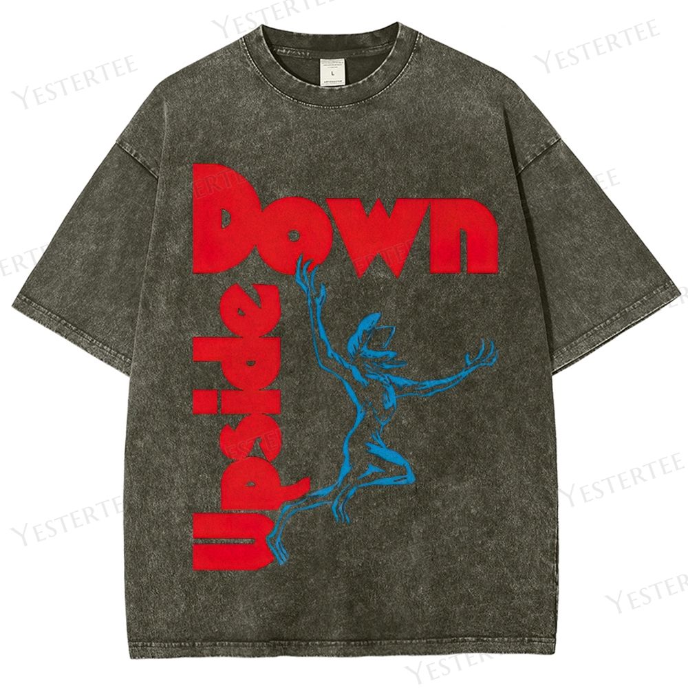 Retro "Upside Down" Reversed Text & Creature Graphic Washed T-Shirt