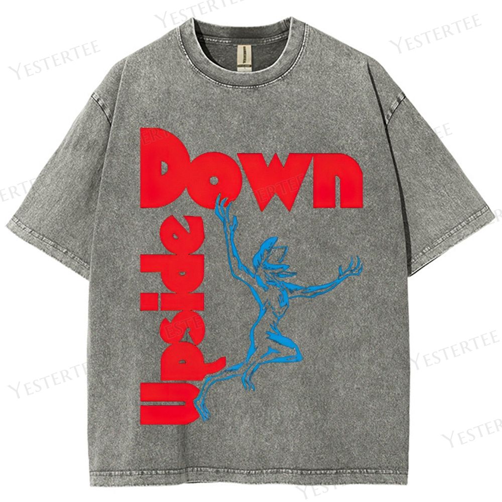 Retro "Upside Down" Reversed Text & Creature Graphic Washed T-Shirt