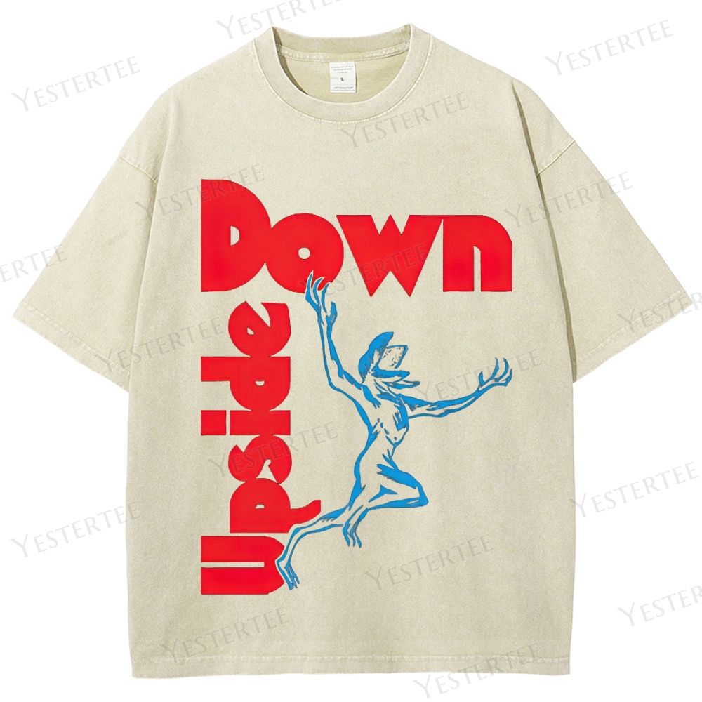 Retro "Upside Down" Reversed Text & Creature Graphic Washed T-Shirt