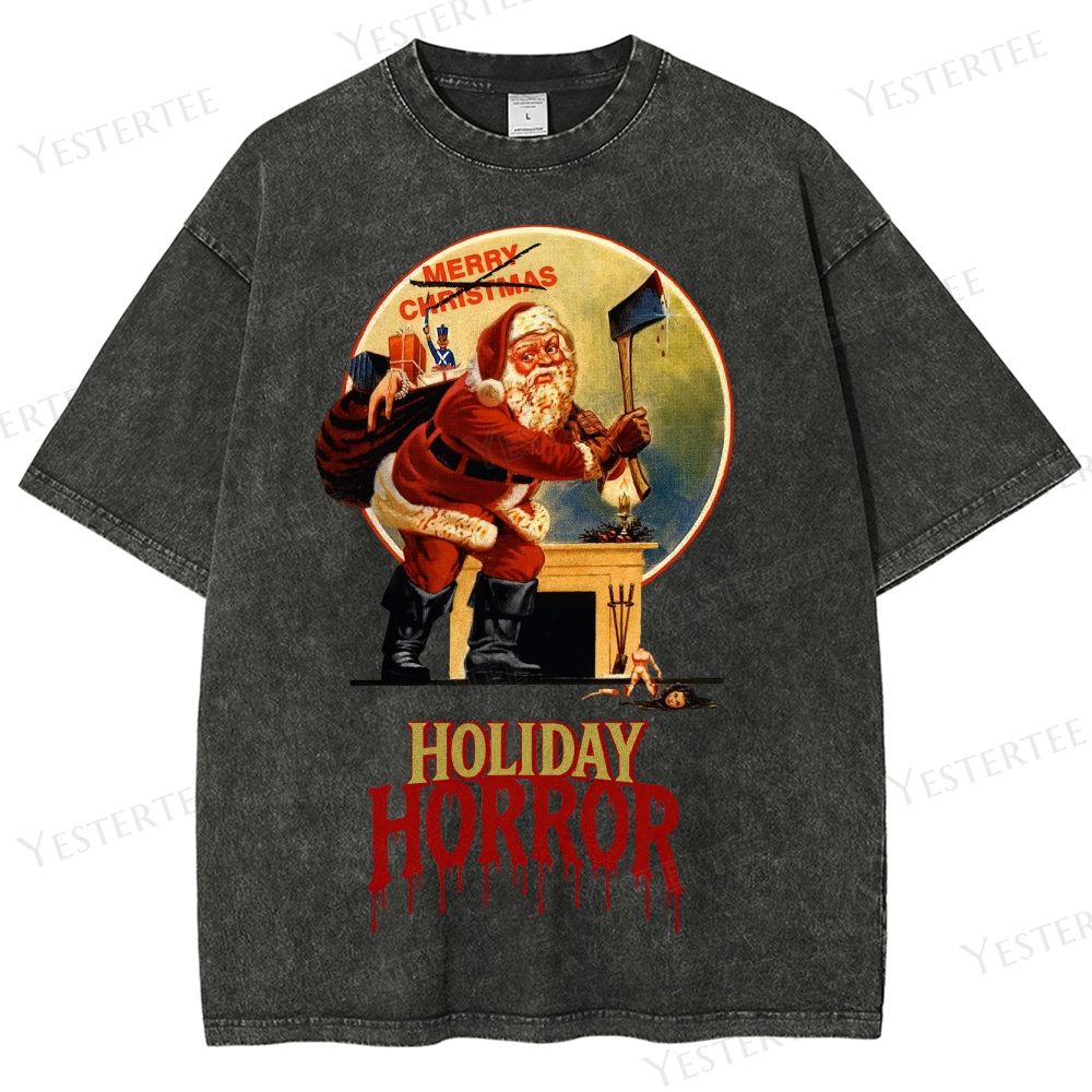 Retro "Holiday Horror" Santa Claus Graphic Washed T-Shirt
