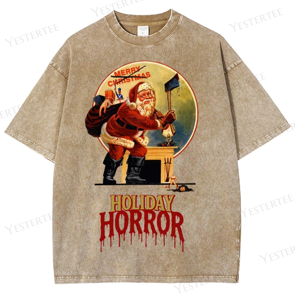 Retro "Holiday Horror" Santa Claus Graphic Washed T-Shirt