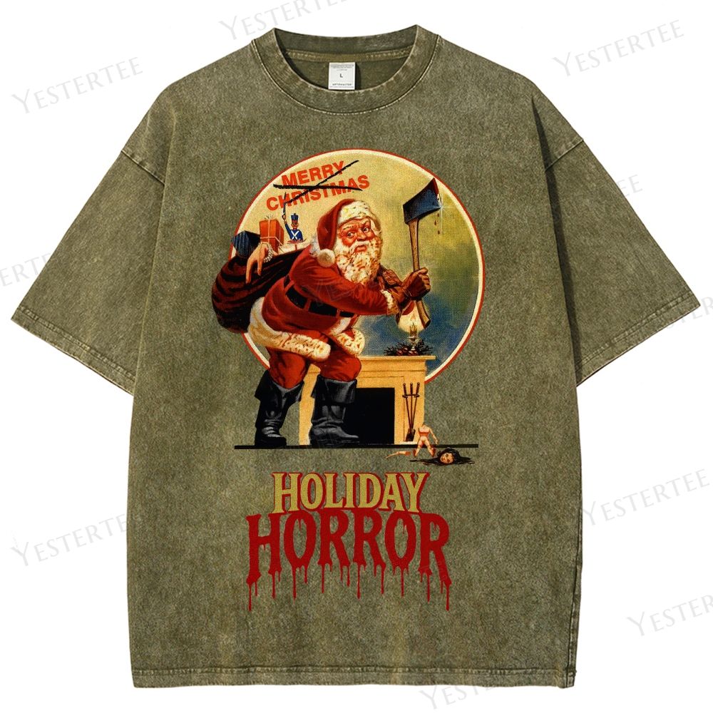 Retro "Holiday Horror" Santa Claus Graphic Washed T-Shirt