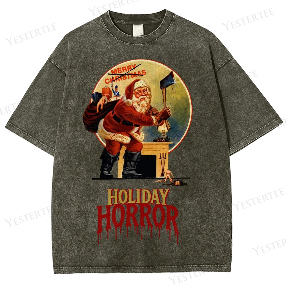 Retro "Holiday Horror" Santa Claus Graphic Washed T-Shirt