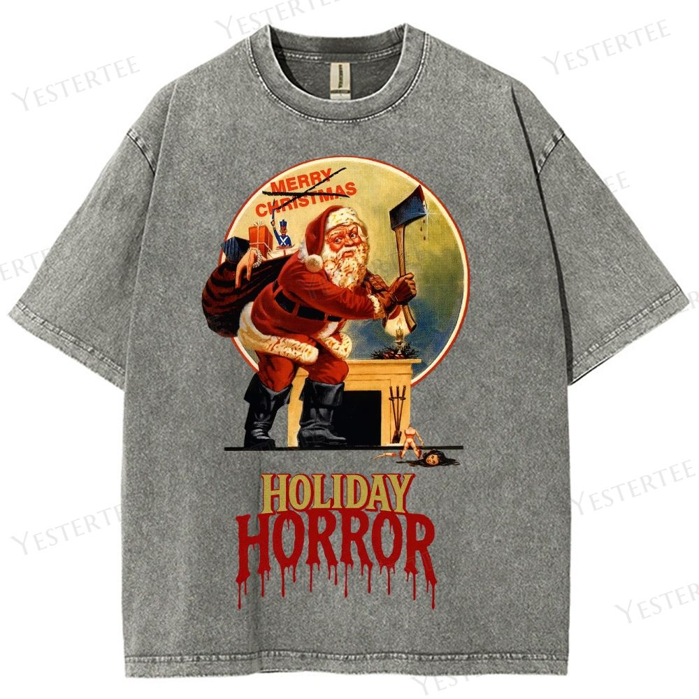 Retro "Holiday Horror" Santa Claus Graphic Washed T-Shirt