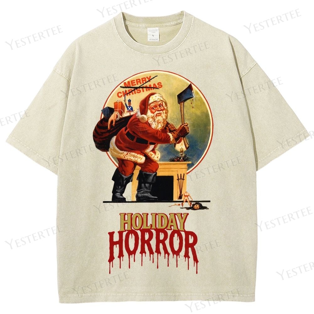Retro "Holiday Horror" Santa Claus Graphic Washed T-Shirt
