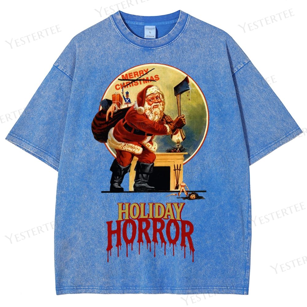 Retro "Holiday Horror" Santa Claus Graphic Washed T-Shirt