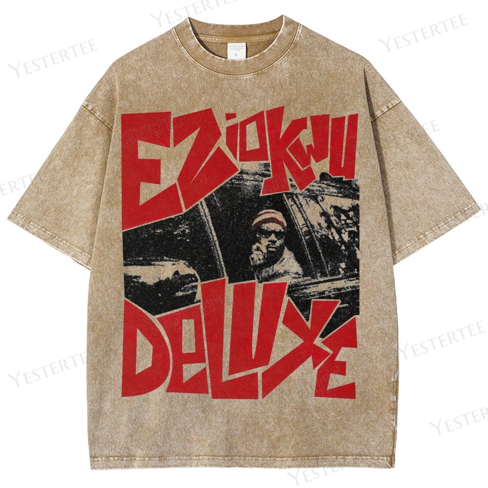 Retro "Ezioku Deluxe" Bold Text & Car Scene Graphic Washed T-Shirt
