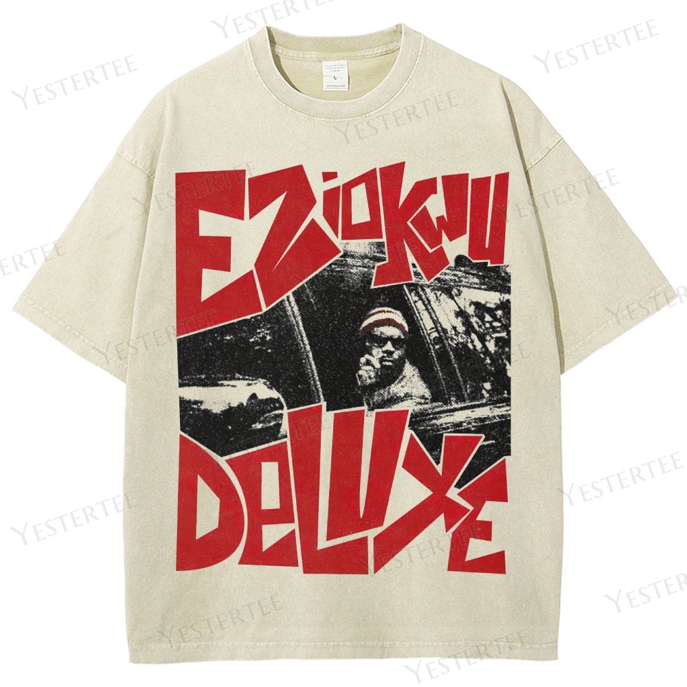 Retro "Ezioku Deluxe" Bold Text & Car Scene Graphic Washed T-Shirt