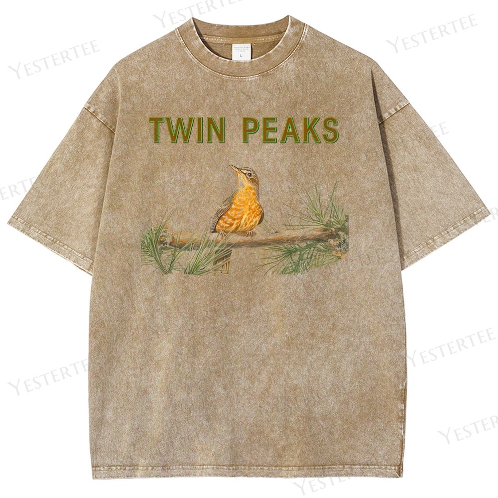 Retro "Twin Peaks" Bird & Pine Branch Graphic Washed T-Shirt
