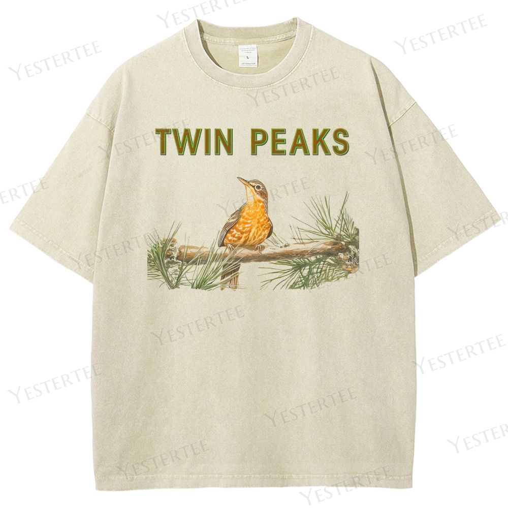 Retro "Twin Peaks" Bird & Pine Branch Graphic Washed T-Shirt