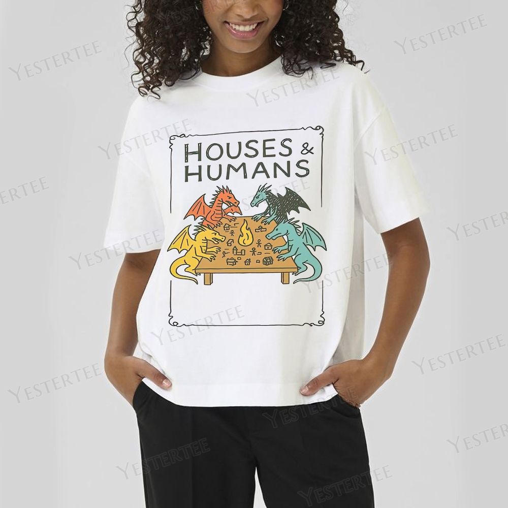 Retro "Houses & Humans" Dragons Tabletop Graphic Cotton T-shirt