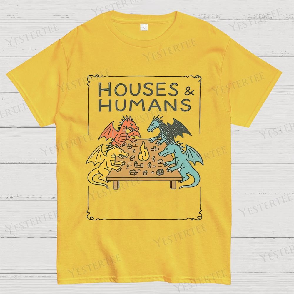 Retro "Houses & Humans" Dragons Tabletop Graphic Cotton T-shirt