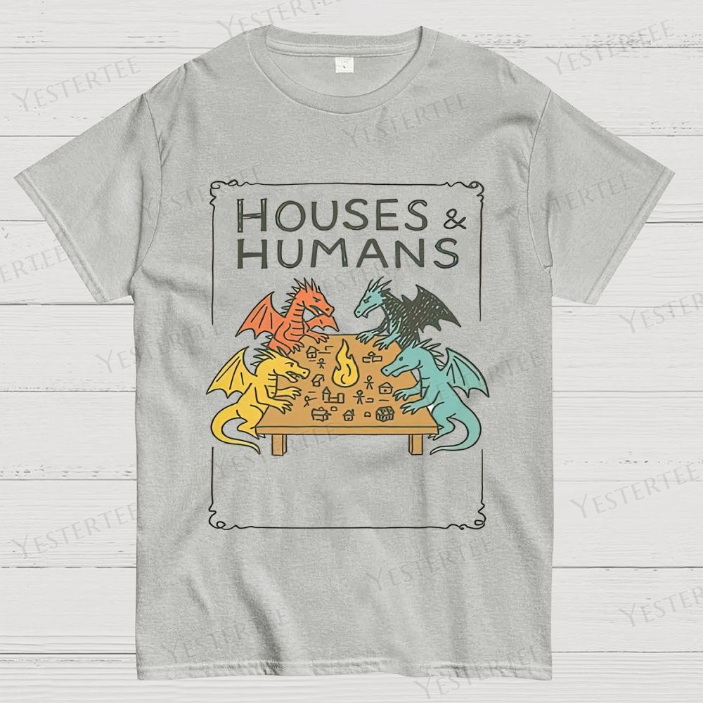 Retro "Houses & Humans" Dragons Tabletop Graphic Cotton T-shirt