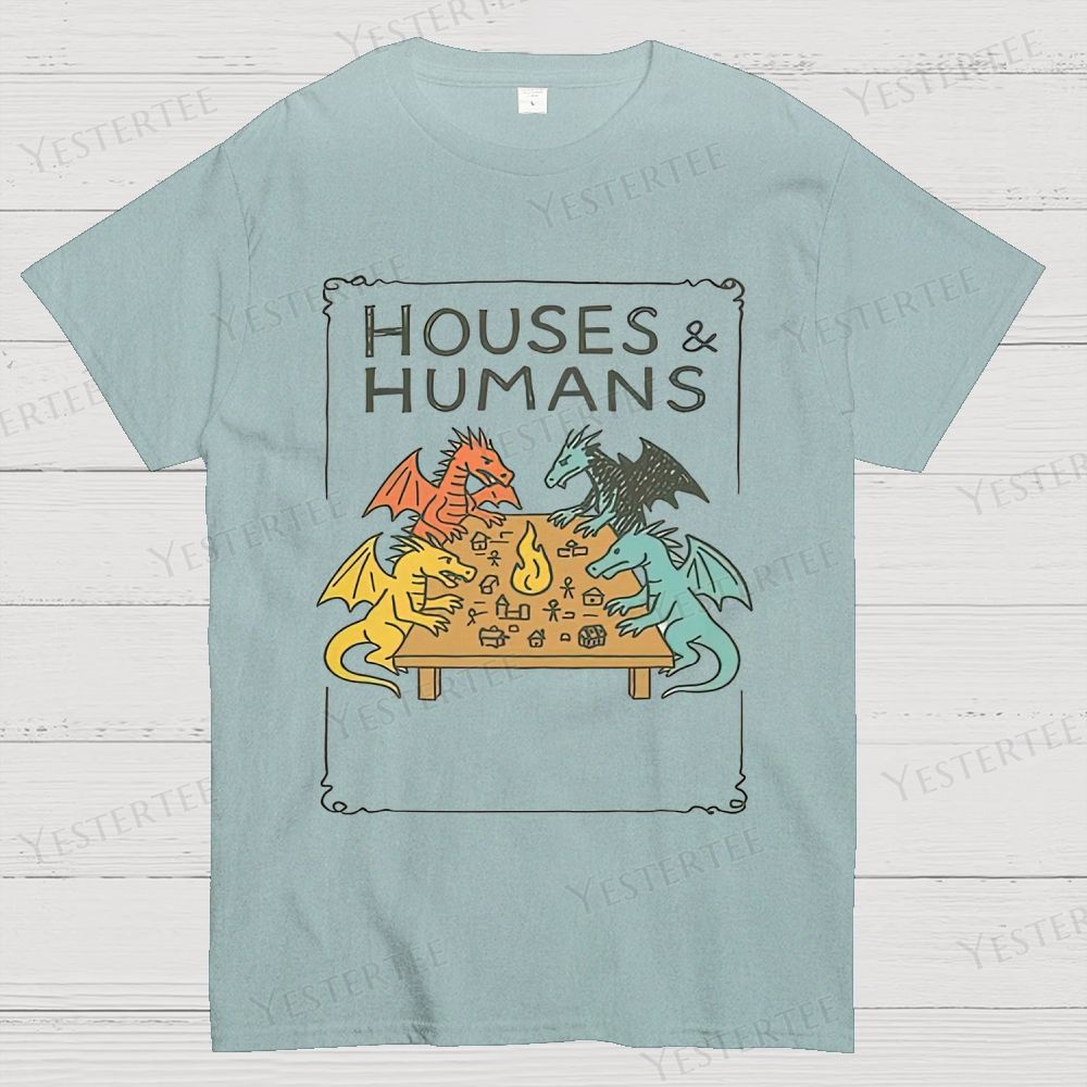 Retro "Houses & Humans" Dragons Tabletop Graphic Cotton T-shirt