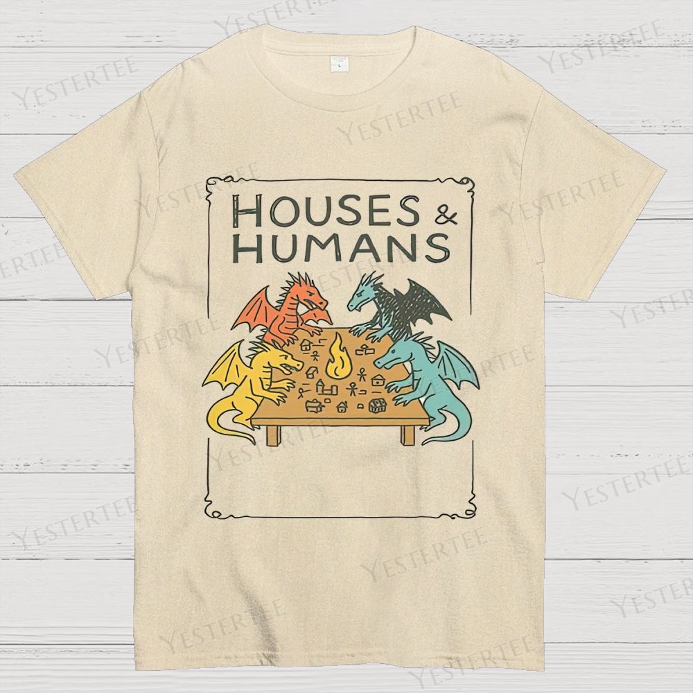 Retro "Houses & Humans" Dragons Tabletop Graphic Cotton T-shirt
