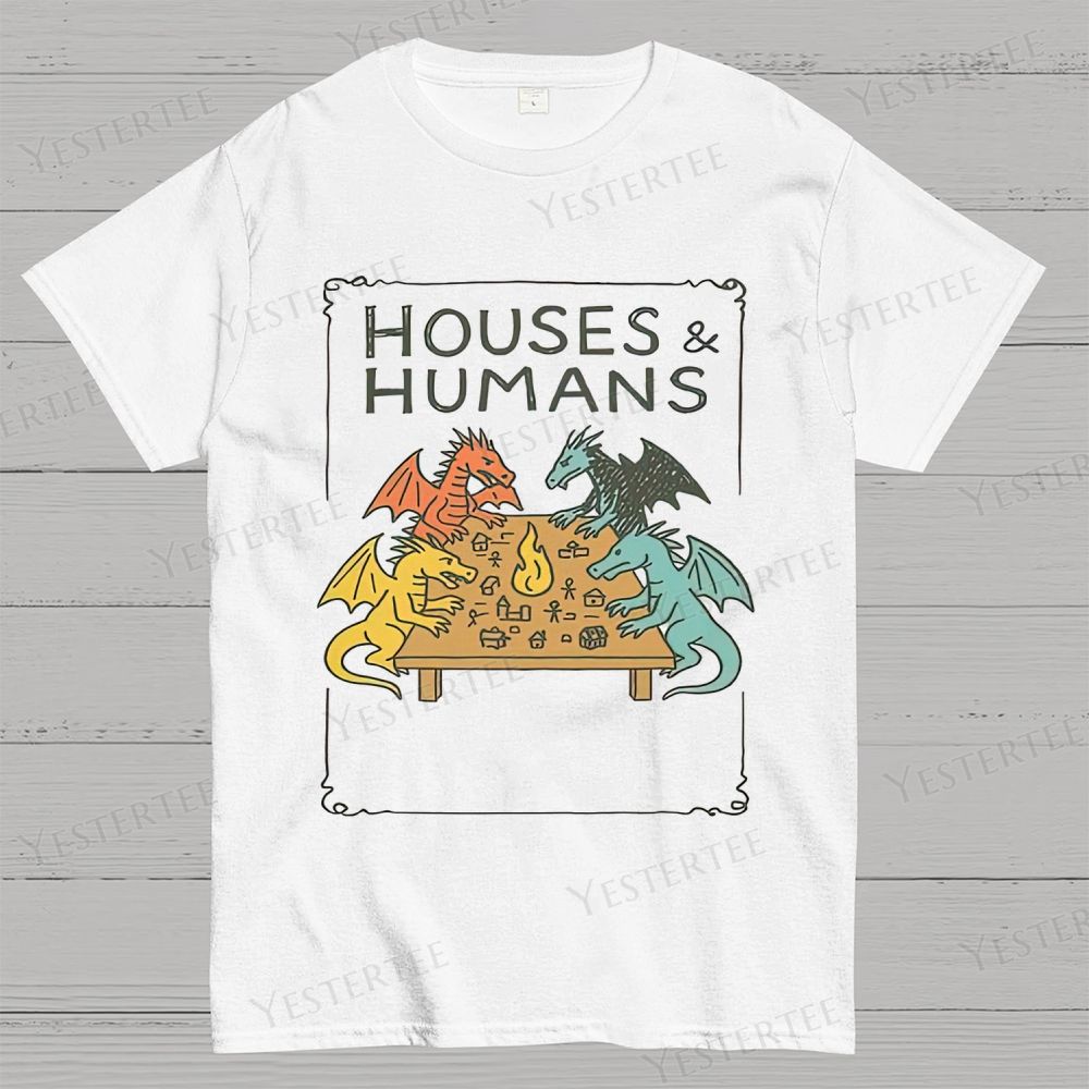 Retro "Houses & Humans" Dragons Tabletop Graphic Cotton T-shirt