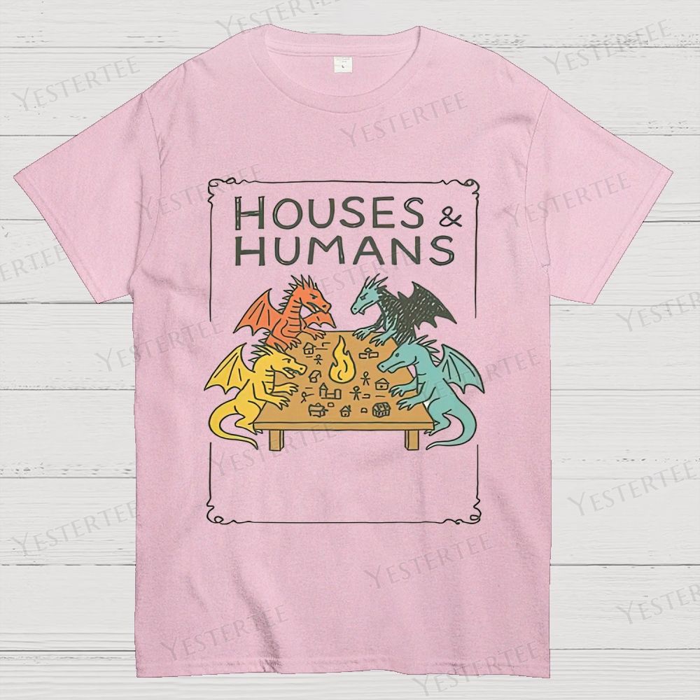 Retro "Houses & Humans" Dragons Tabletop Graphic Cotton T-shirt