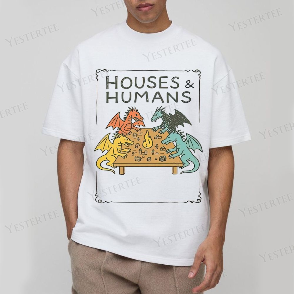 Retro "Houses & Humans" Dragons Tabletop Graphic Cotton T-shirt
