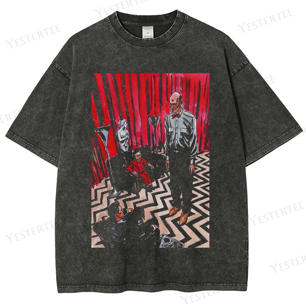 Retro Surreal Red-Curtain & Zigzag Floor Graphic Washed T-Shirt