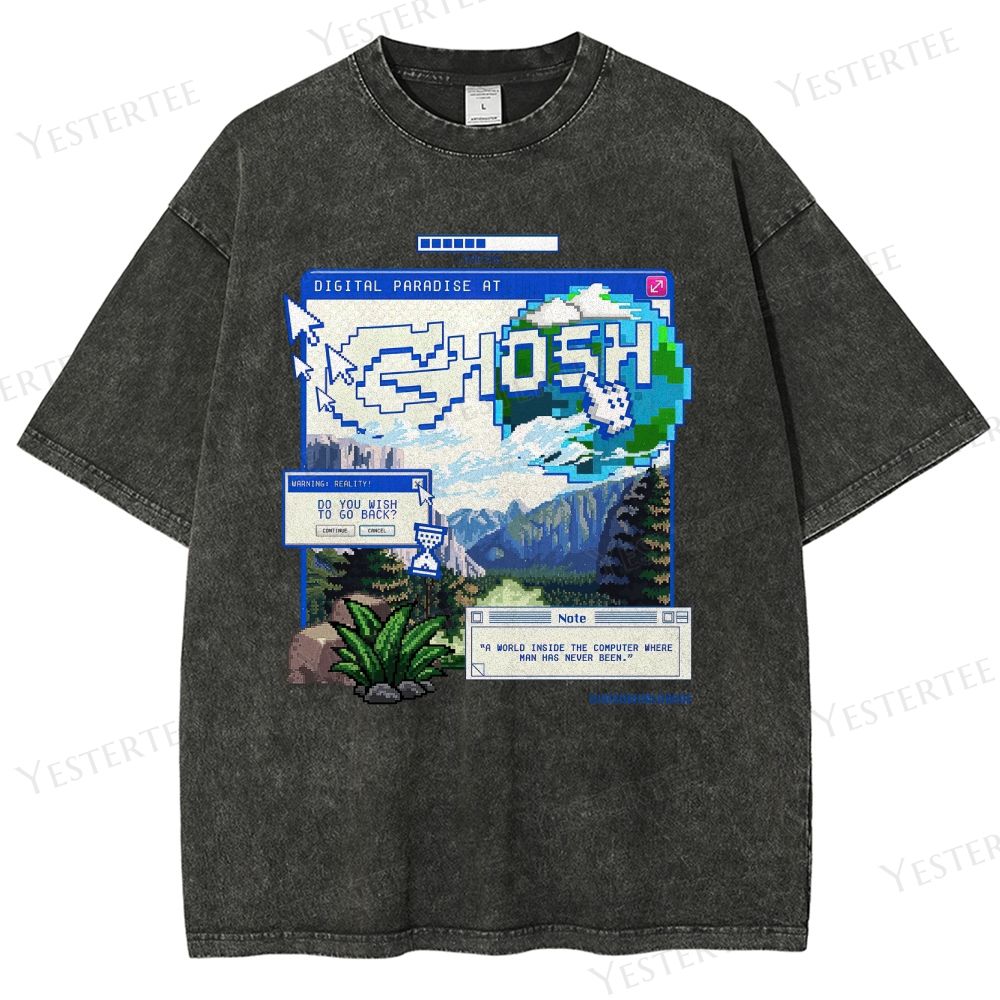 Retro "Digital Paradise at Ghosh" Pixel-Art Graphic Washed T-Shirt