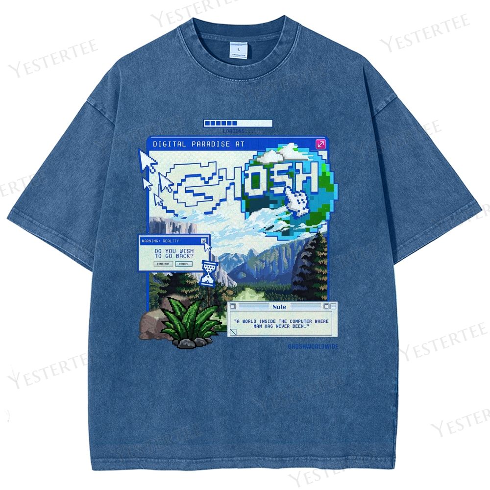 Retro "Digital Paradise at Ghosh" Pixel-Art Graphic Washed T-Shirt