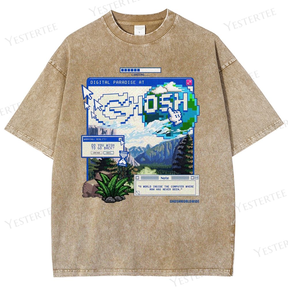 Retro "Digital Paradise at Ghosh" Pixel-Art Graphic Washed T-Shirt