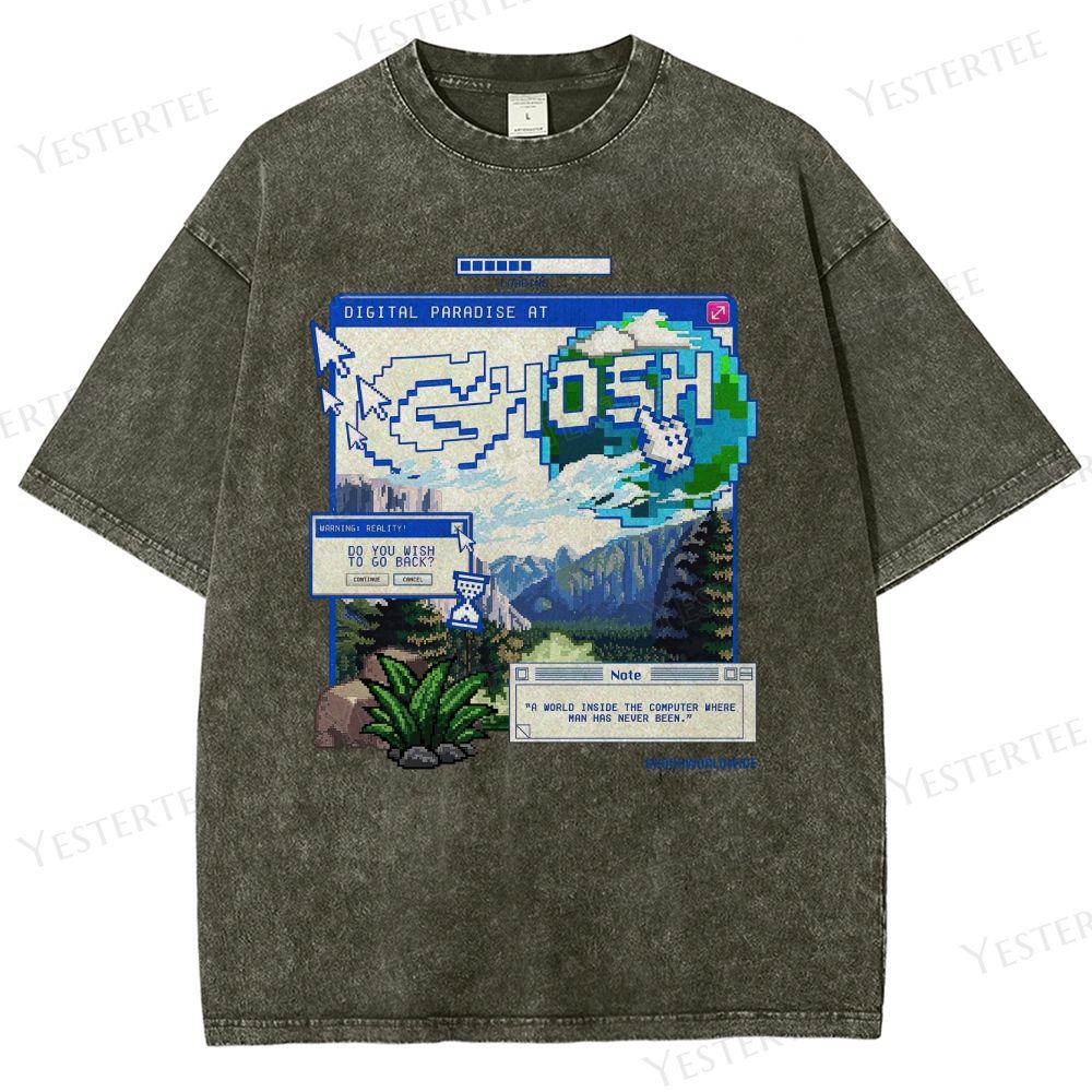 Retro "Digital Paradise at Ghosh" Pixel-Art Graphic Washed T-Shirt