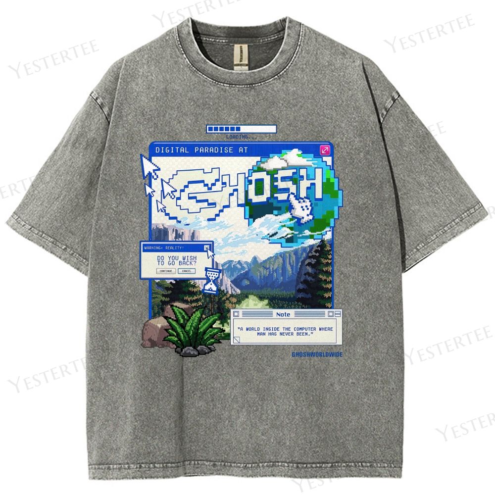 Retro "Digital Paradise at Ghosh" Pixel-Art Graphic Washed T-Shirt