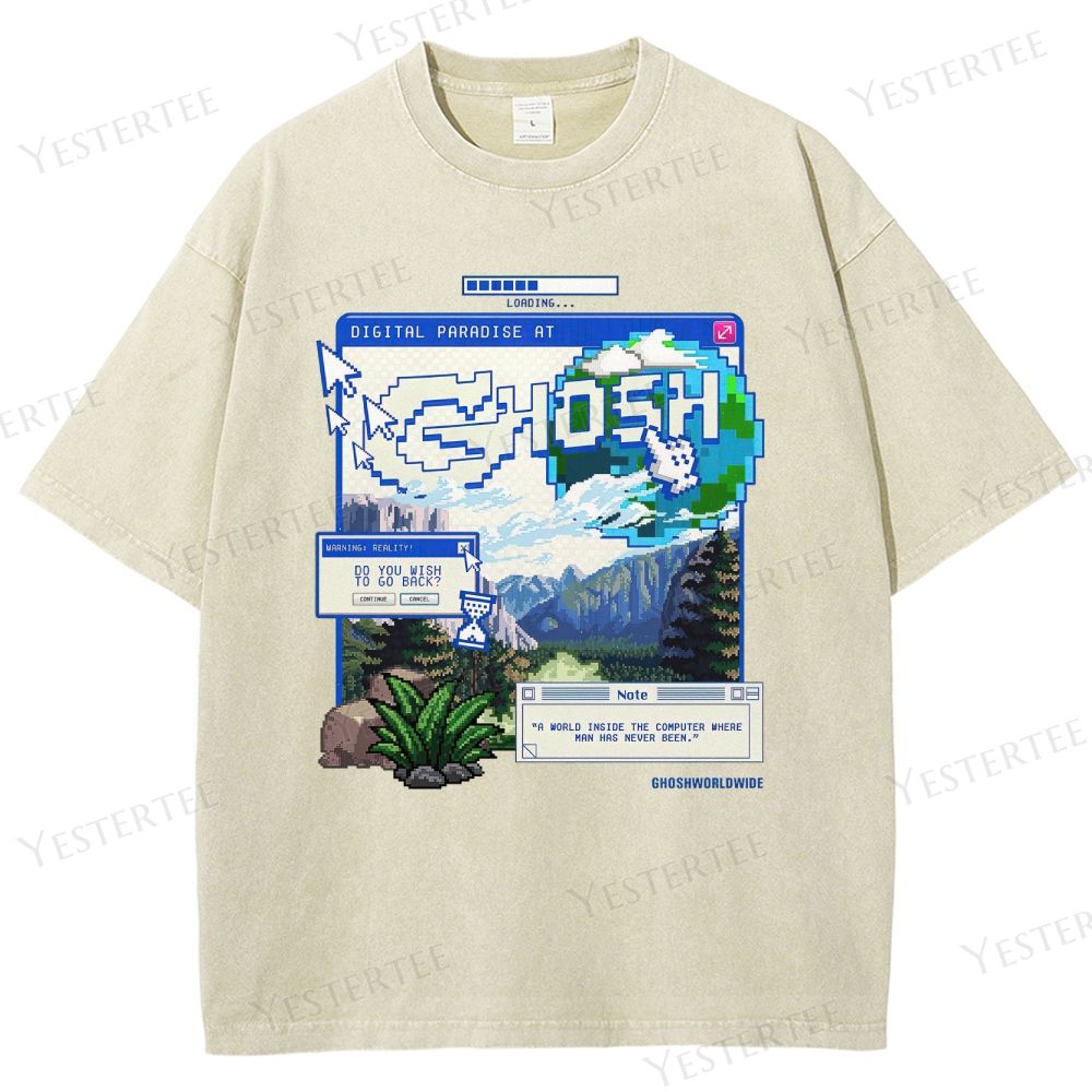 Retro "Digital Paradise at Ghosh" Pixel-Art Graphic Washed T-Shirt