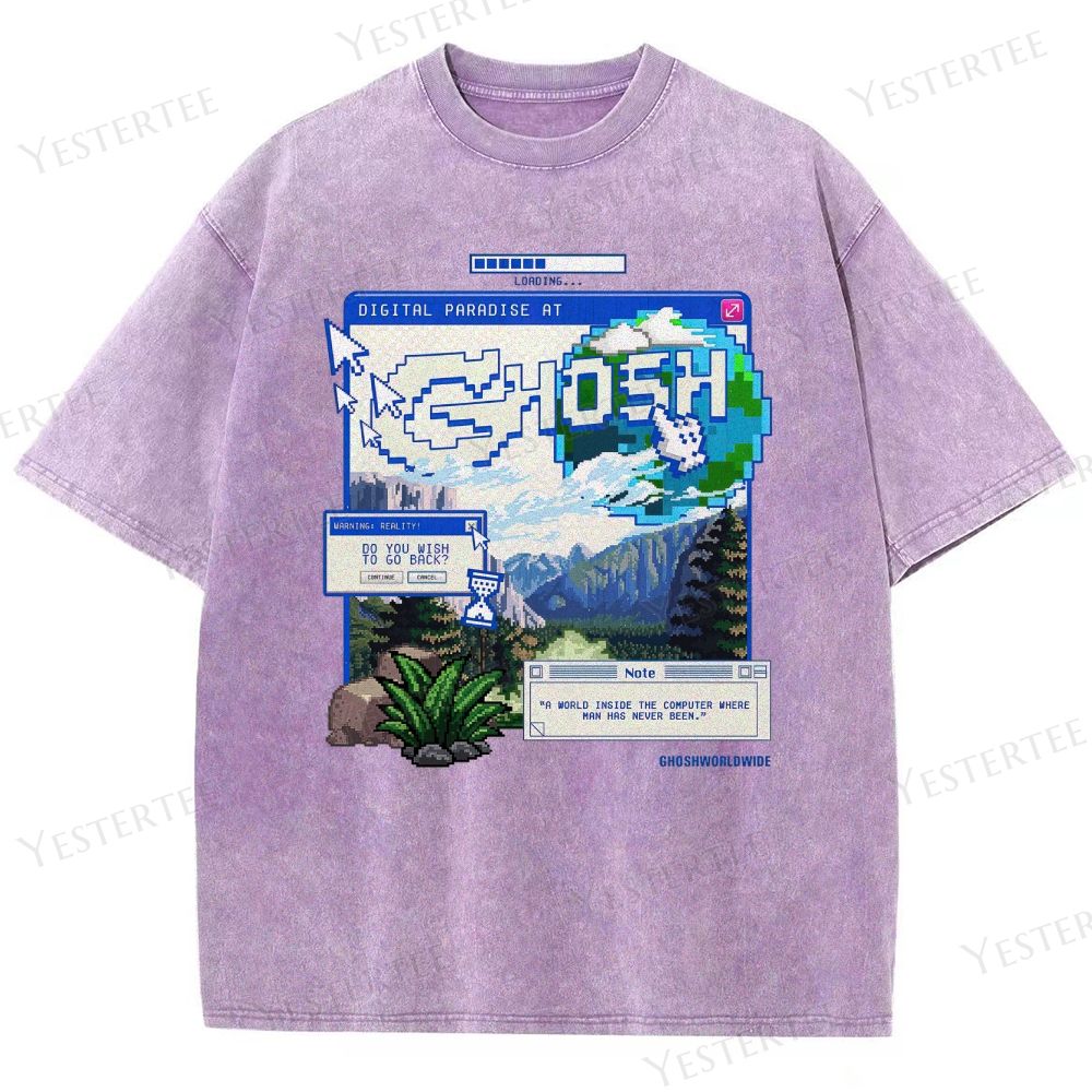 Retro "Digital Paradise at Ghosh" Pixel-Art Graphic Washed T-Shirt