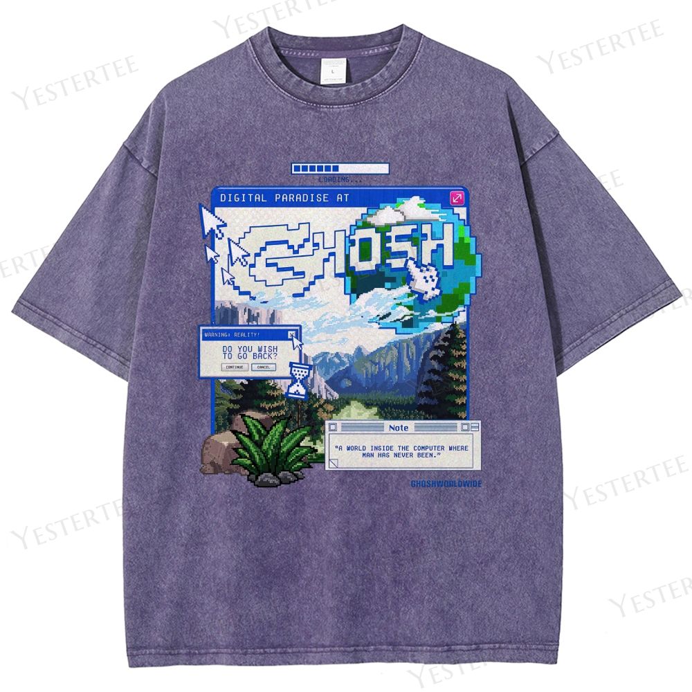 Retro "Digital Paradise at Ghosh" Pixel-Art Graphic Washed T-Shirt