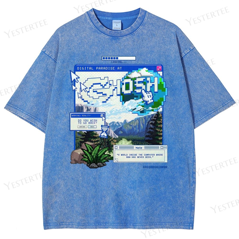Retro "Digital Paradise at Ghosh" Pixel-Art Graphic Washed T-Shirt