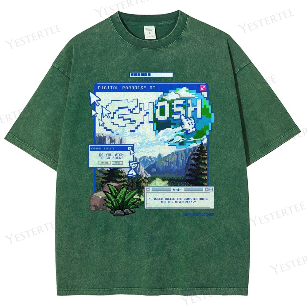 Retro "Digital Paradise at Ghosh" Pixel-Art Graphic Washed T-Shirt