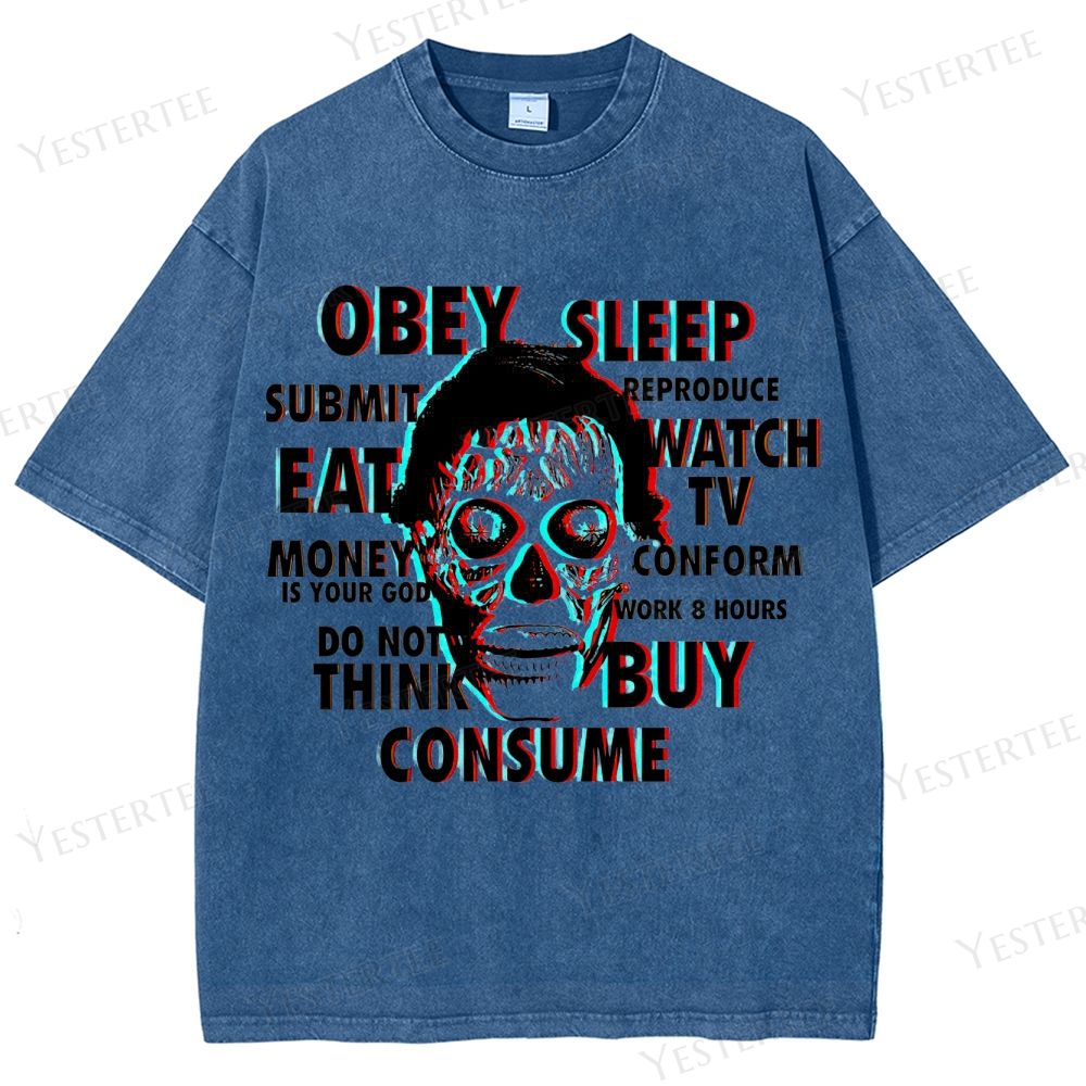 Retro "Obey Sleep Consume" 3D Skull Graphic Washed T-Shirt 