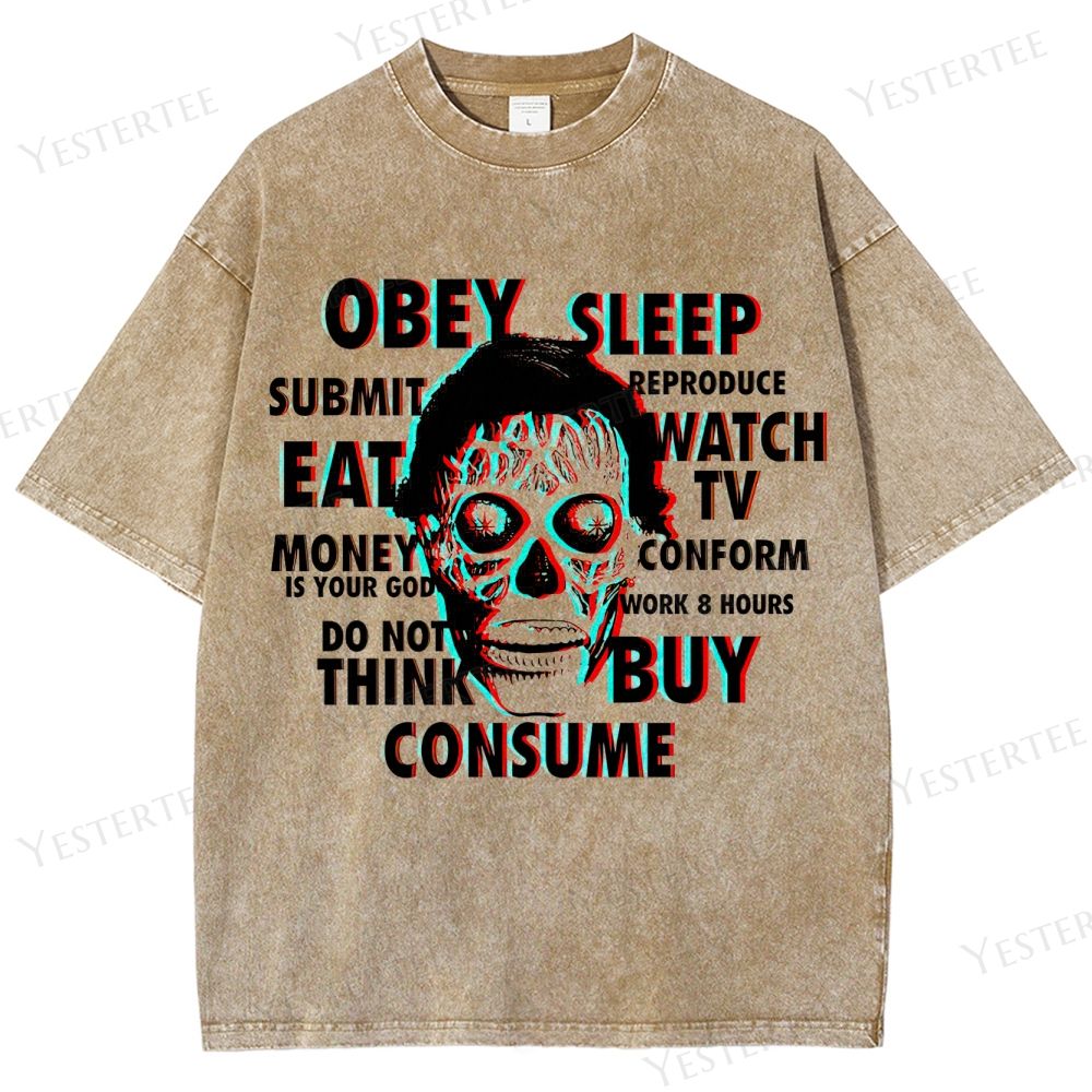 Retro "Obey Sleep Consume" 3D Skull Graphic Washed T-Shirt 