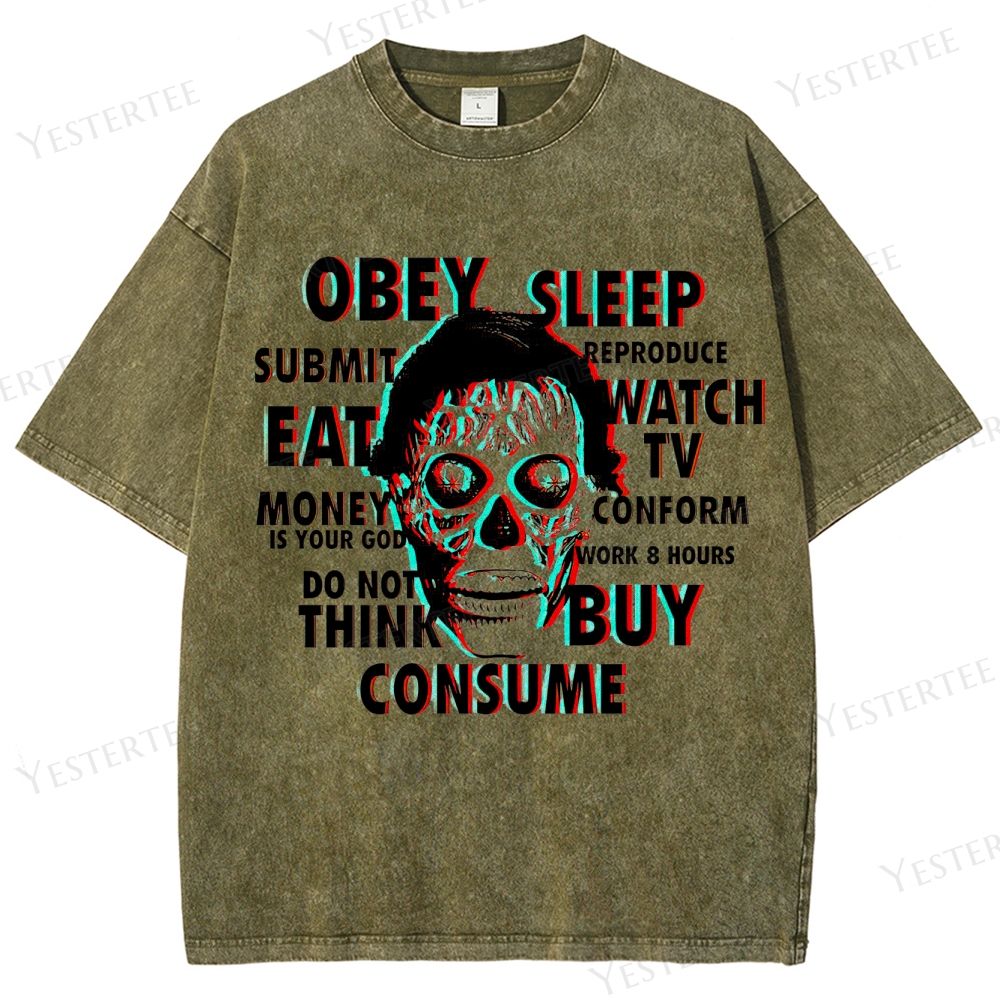 Retro "Obey Sleep Consume" 3D Skull Graphic Washed T-Shirt 