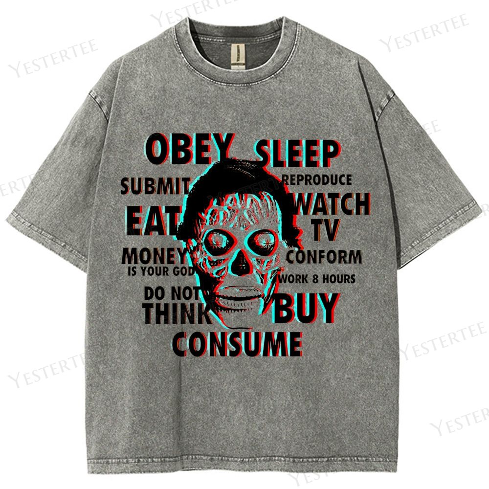 Retro "Obey Sleep Consume" 3D Skull Graphic Washed T-Shirt 