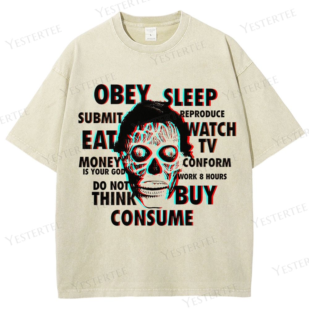 Retro "Obey Sleep Consume" 3D Skull Graphic Washed T-Shirt 