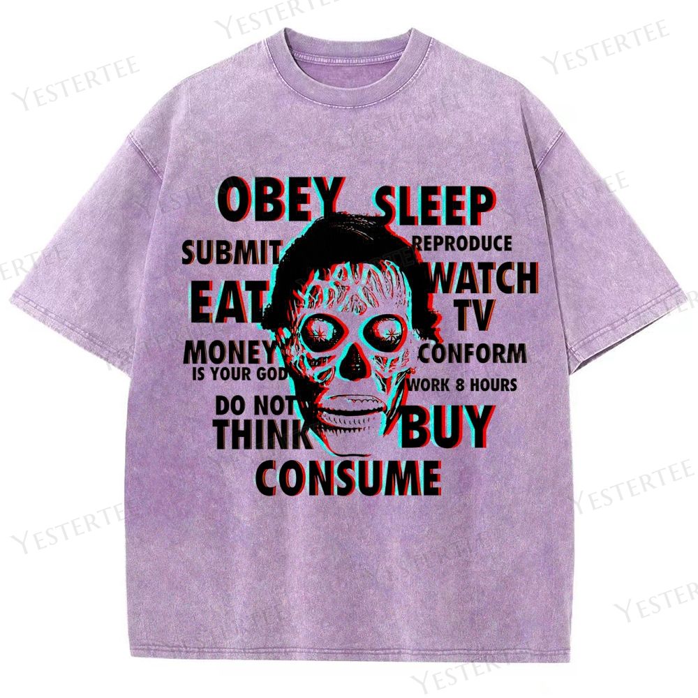 Retro "Obey Sleep Consume" 3D Skull Graphic Washed T-Shirt 