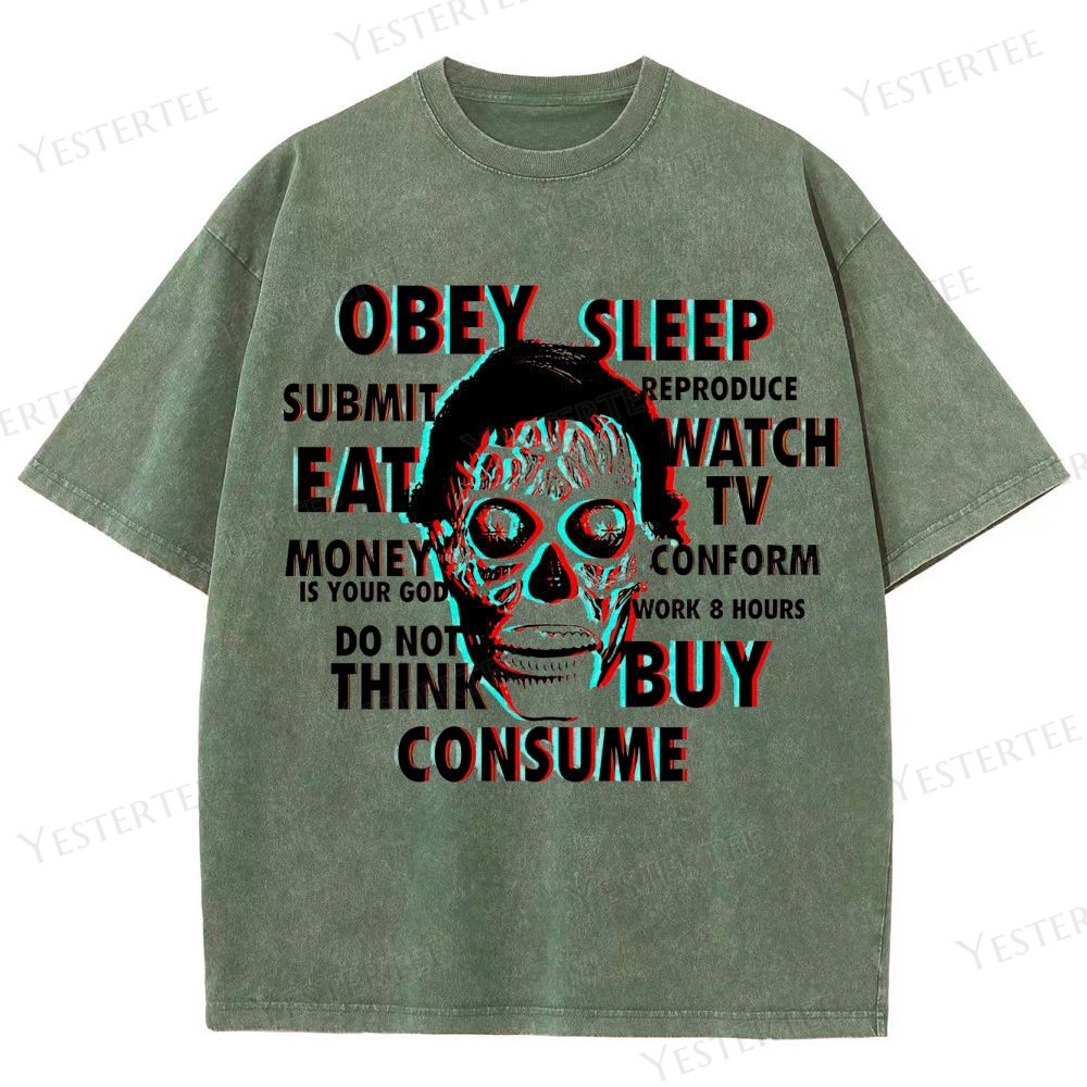 Retro "Obey Sleep Consume" 3D Skull Graphic Washed T-Shirt 