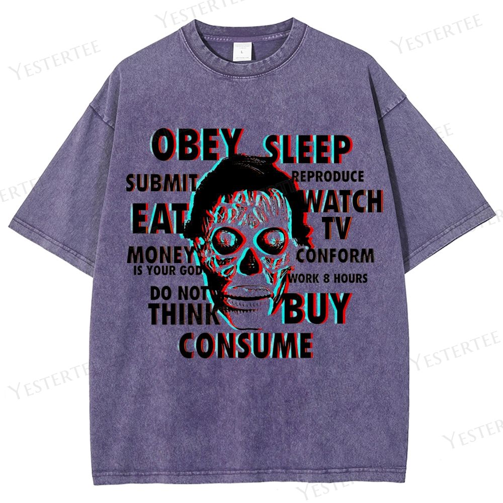 Retro "Obey Sleep Consume" 3D Skull Graphic Washed T-Shirt 