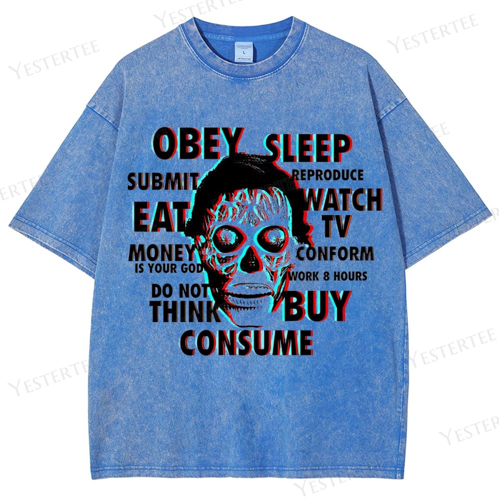Retro "Obey Sleep Consume" 3D Skull Graphic Washed T-Shirt 