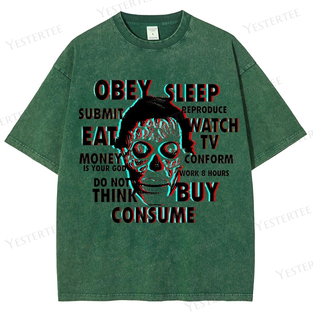 Retro "Obey Sleep Consume" 3D Skull Graphic Washed T-Shirt 