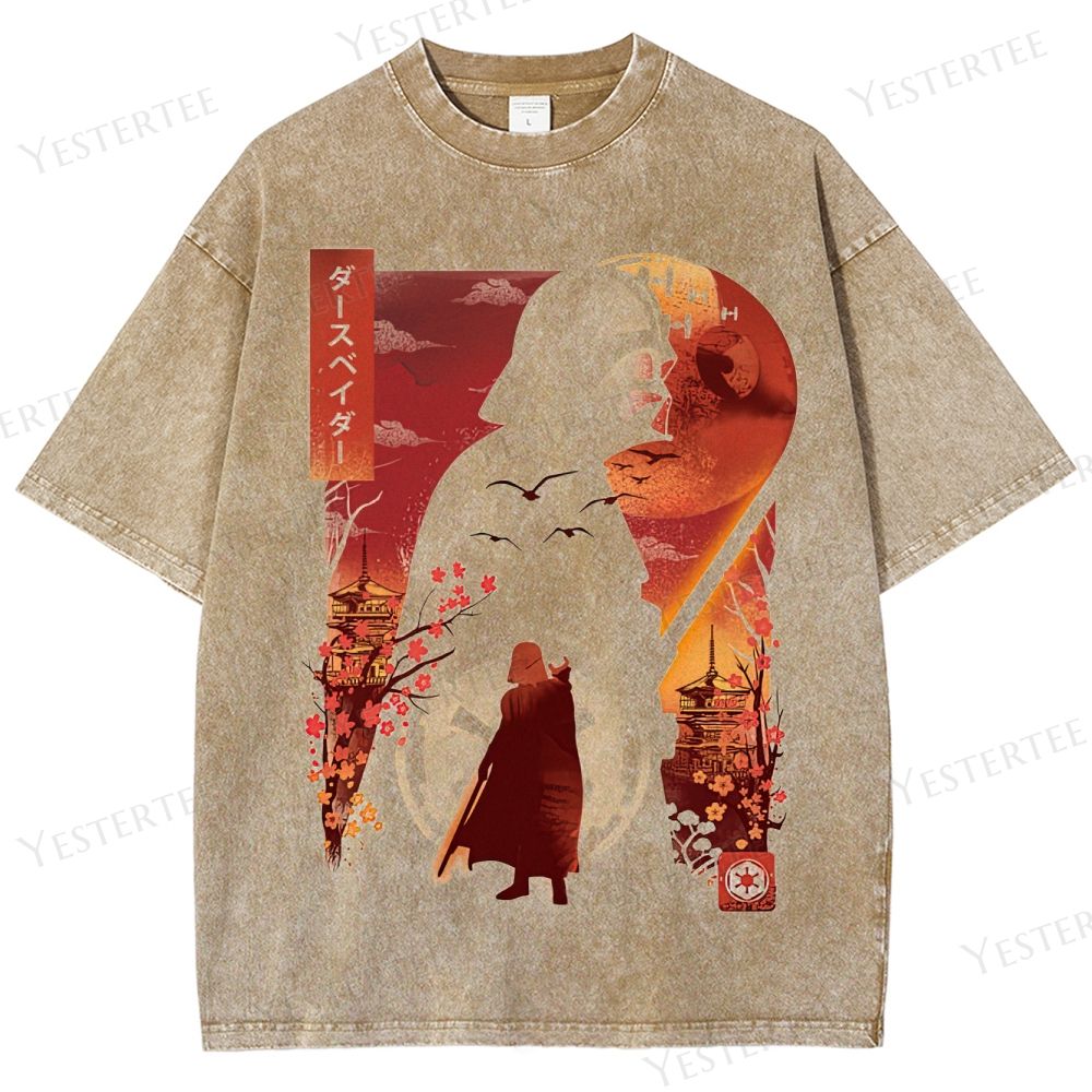 Retro Japanese-Style Hooded Warrior Graphic Washed T-Shirt