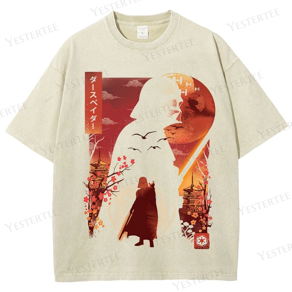 Retro Japanese-Style Hooded Warrior Graphic Washed T-Shirt
