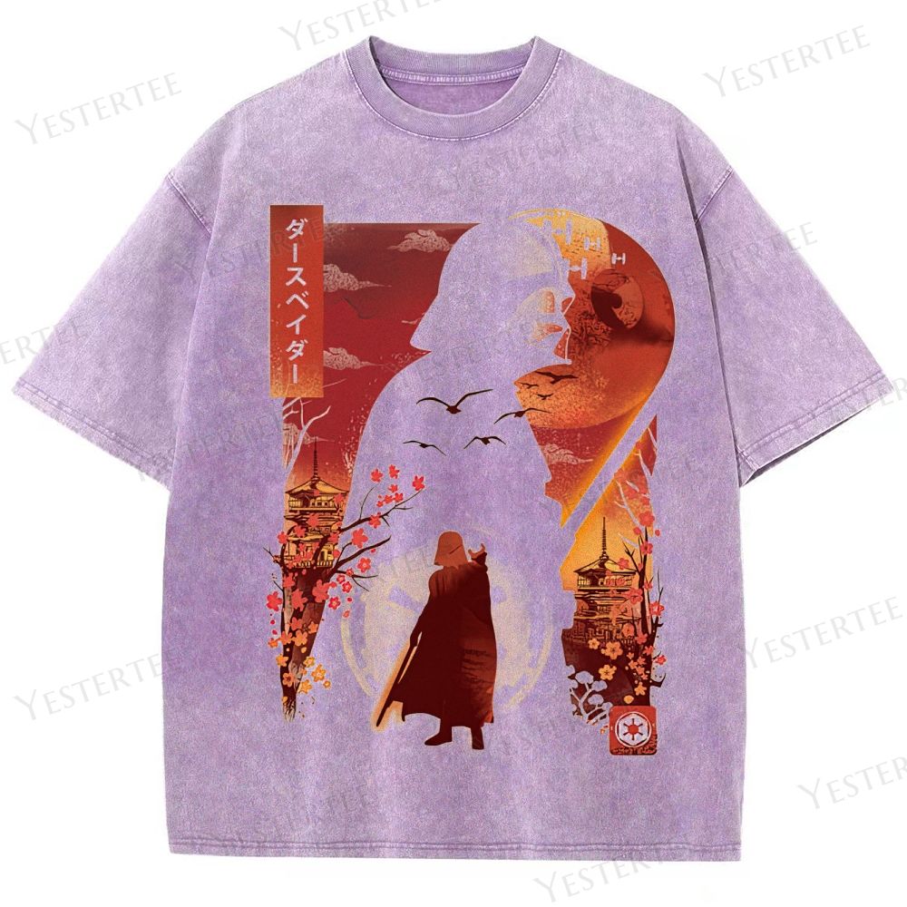 Retro Japanese-Style Hooded Warrior Graphic Washed T-Shirt